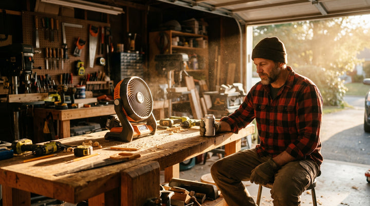 Portable battery operated fan on a sunlit garage workbench