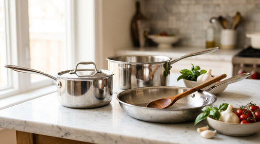 Stainless steel cookware set on a marble kitchen counter