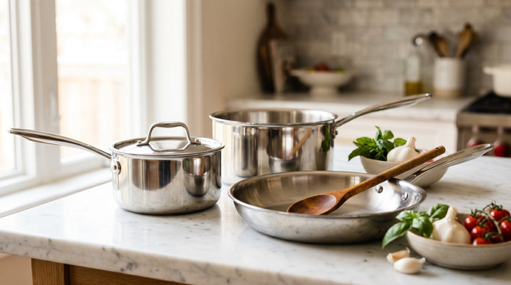 Stainless steel cookware set on a marble kitchen counter