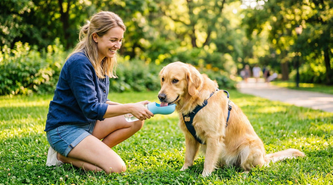 Dog drinking from portable water bottle dispenser on a sunny summer walk