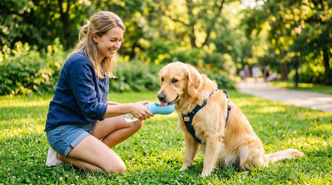 Dog drinking from portable water bottle dispenser on a sunny summer walk