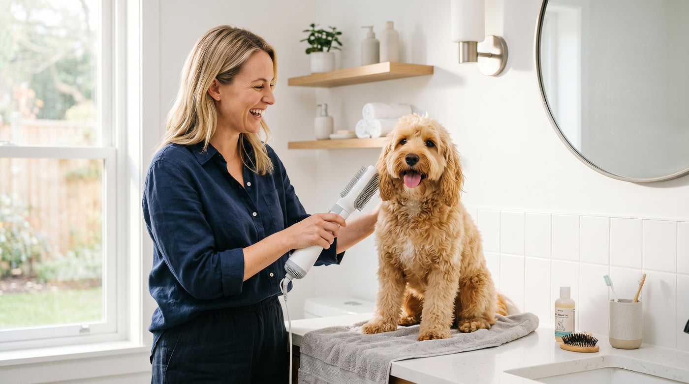 How to groom dog at home with pet hair dryer brush