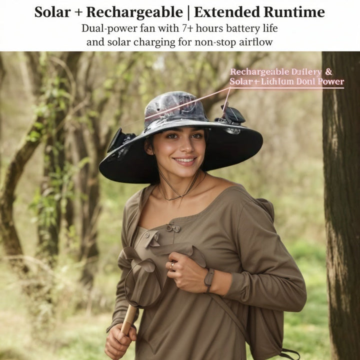 Solar cooling hat with built-in USB fan worn outdoors