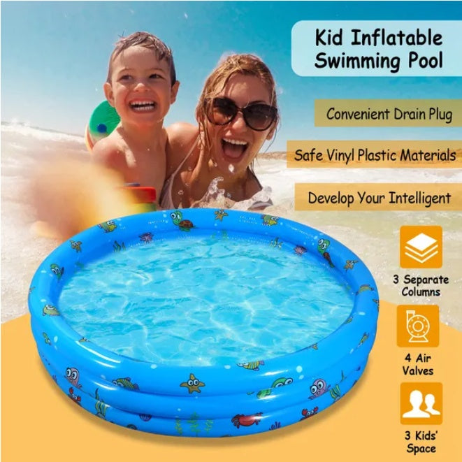 Foldable inflatable family swimming pool set up in a backyard