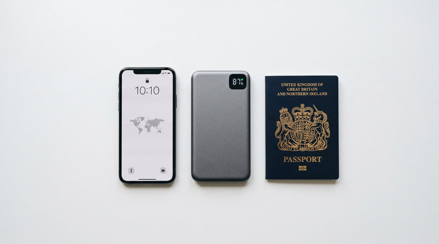 Best power bank for travel 2026 flat lay with phone and passport