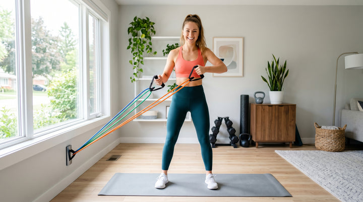 Woman doing resistance bands workout at home