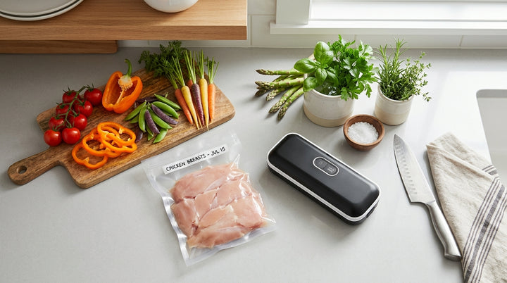 Kitchen counter with fresh food, vacuum sealed bags, and a compact vacuum sealer