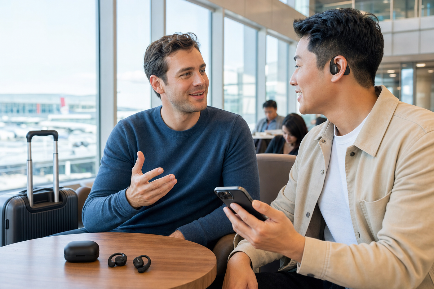 Travelers using AI translator earbuds during a friendly airport conversation