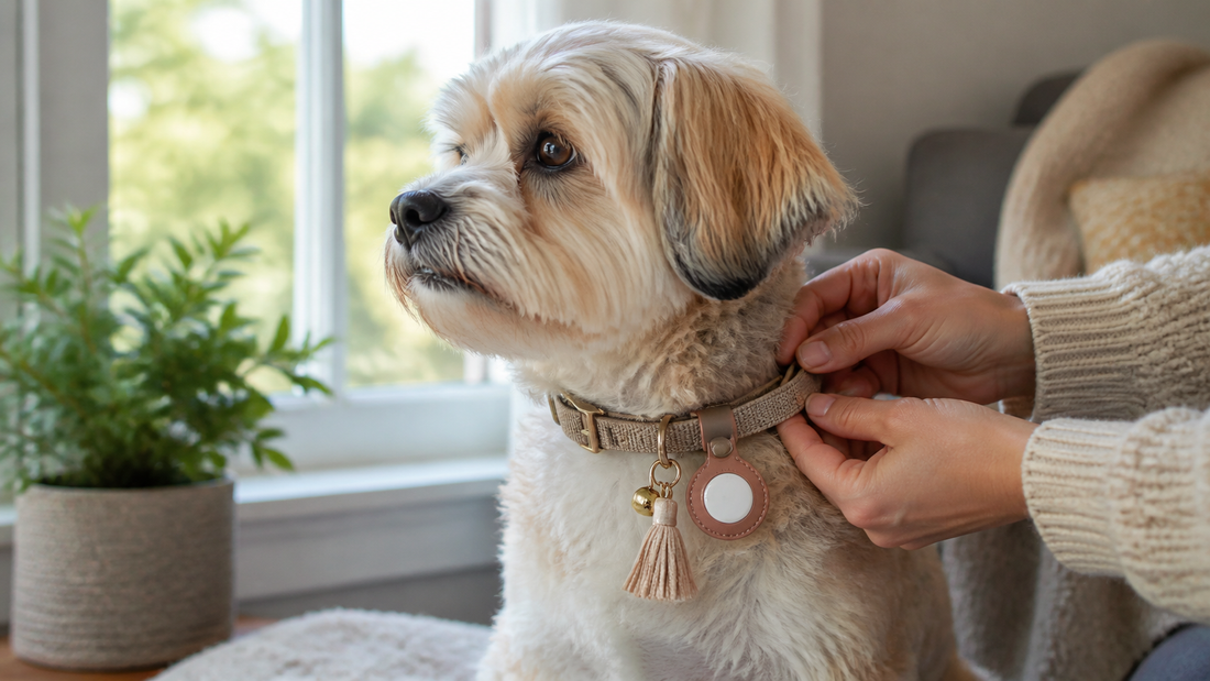 Pet wearing a collar with tracker holder, bell, and tassel in a cozy home