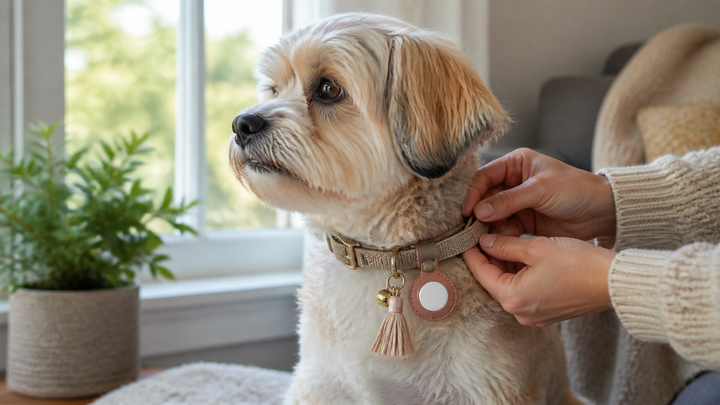Pet wearing a collar with tracker holder, bell, and tassel in a cozy home