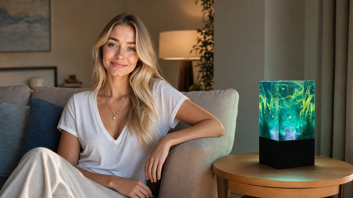Aurora resin LED ambient table lamp in a contemporary living room