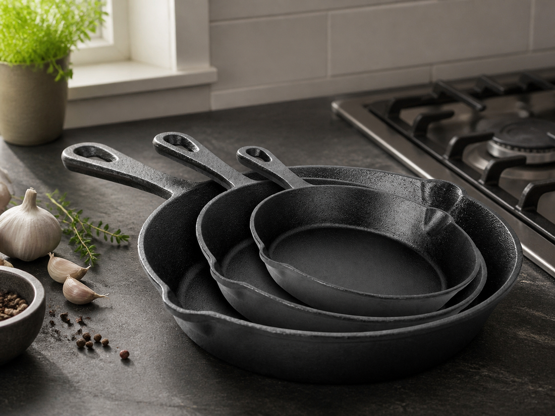 Three black cast iron skillets in graduated sizes on a kitchen counter