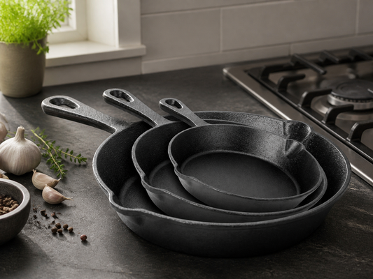 Three black cast iron skillets in graduated sizes on a kitchen counter