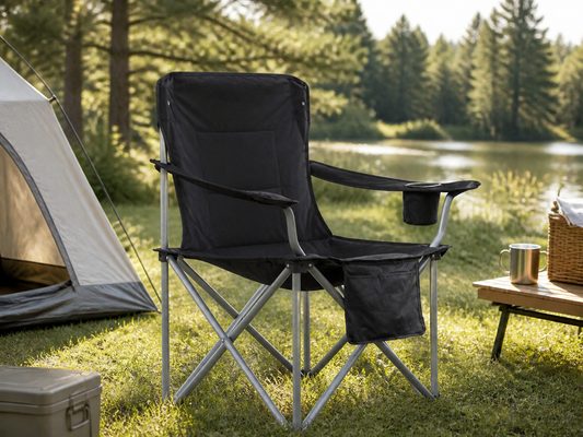 Black folding camping chair with cup holder and side pocket at a lakeside campsite