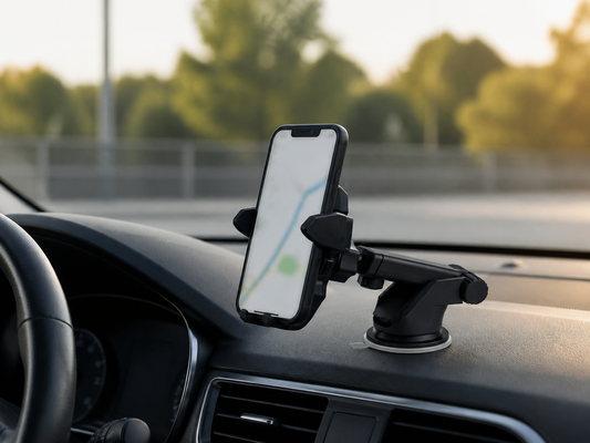 Suction cup car phone mount installed low on a dashboard