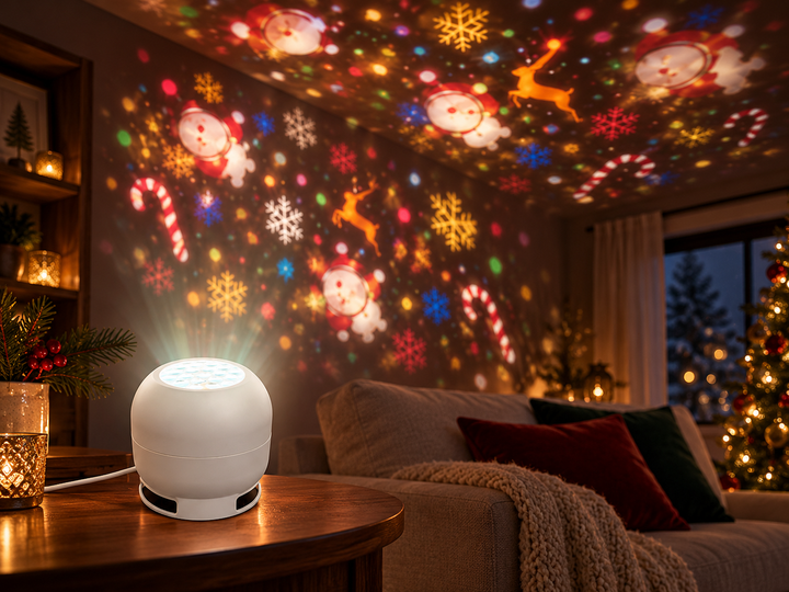 White Christmas projector casting colorful holiday patterns across a living room