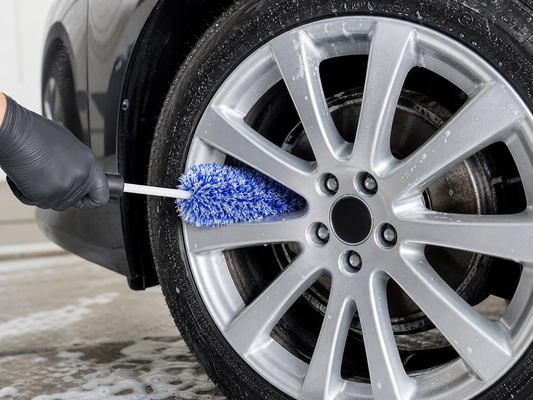Blue-and-white microfiber wheel brush cleaning between silver alloy wheel spokes