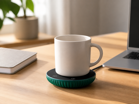 Green desktop coffee cup warmer with a ceramic mug on a sunlit home office desk