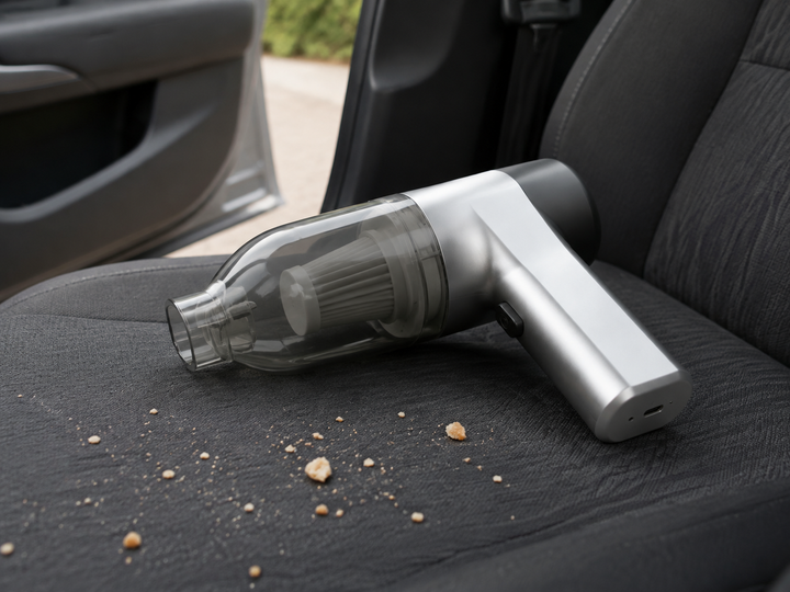 Silver cordless car vacuum with a transparent dust chamber resting on a fabric passenger seat beside dry crumbs.