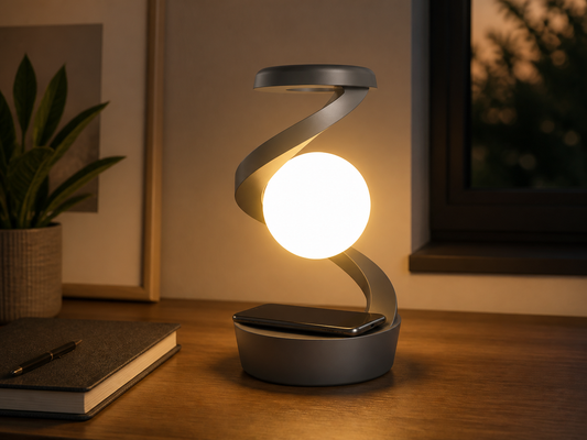Gray sculptural desk lamp with a glowing orb and phone charging on a home-office desk