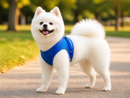 Small white dog wearing a blue step-in harness on a park path