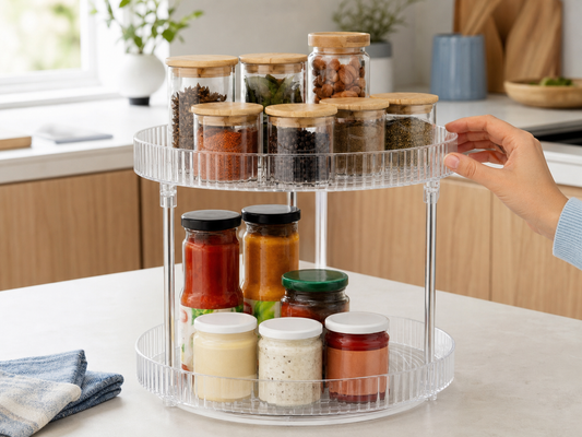 Transparent two-tier Lazy Susan filled with neatly arranged spice jars in a bright kitchen
