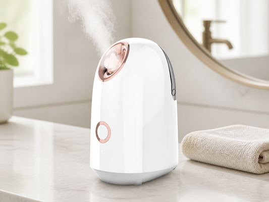 White facial steamer releasing mist on a bright bathroom vanity