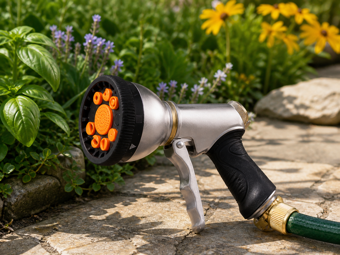 Silver and black nine-pattern garden hose nozzle beside herbs and flowers