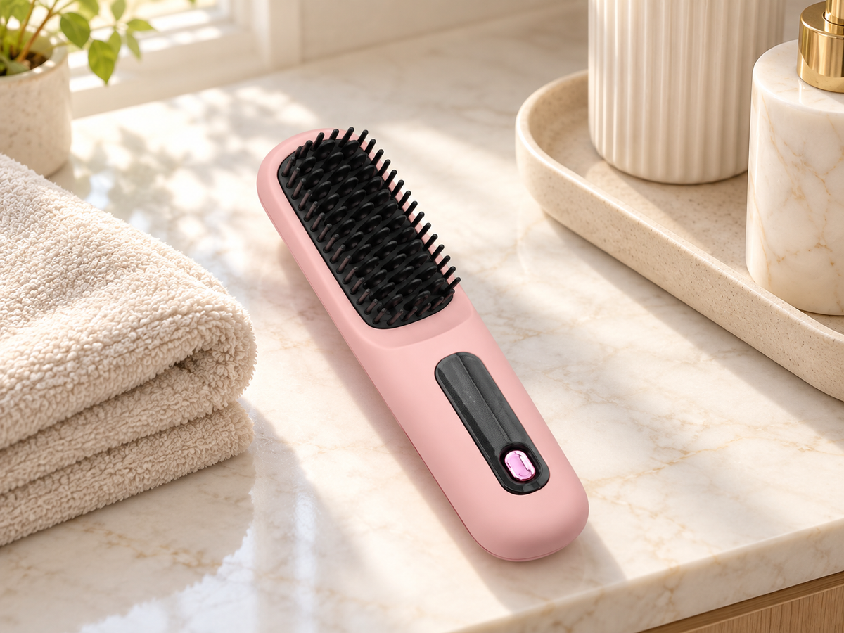 Pink portable straightener brush on a sunlit bathroom vanity