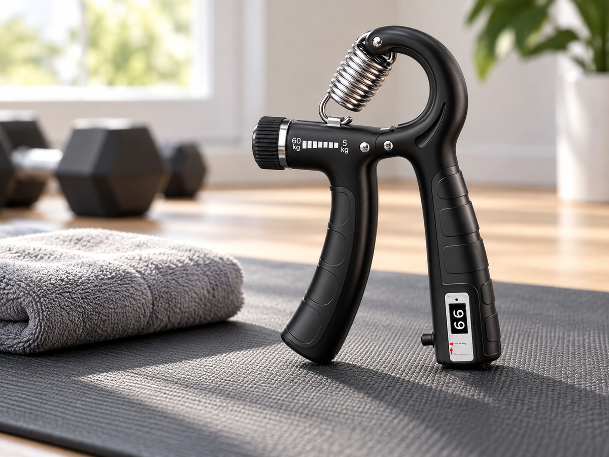 Black adjustable hand grip strengthener on an exercise mat in a home gym