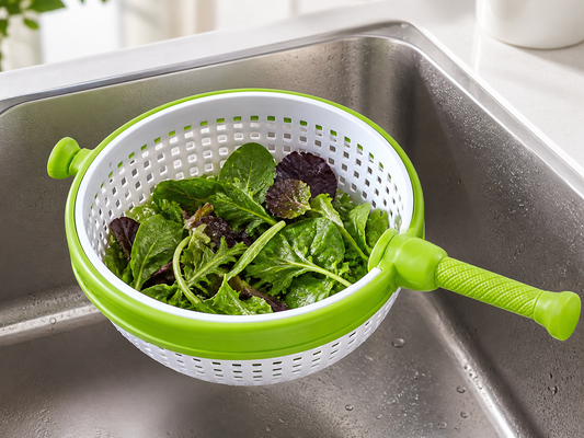 Green and white handheld salad spinner with rinsed leafy greens over a kitchen sink