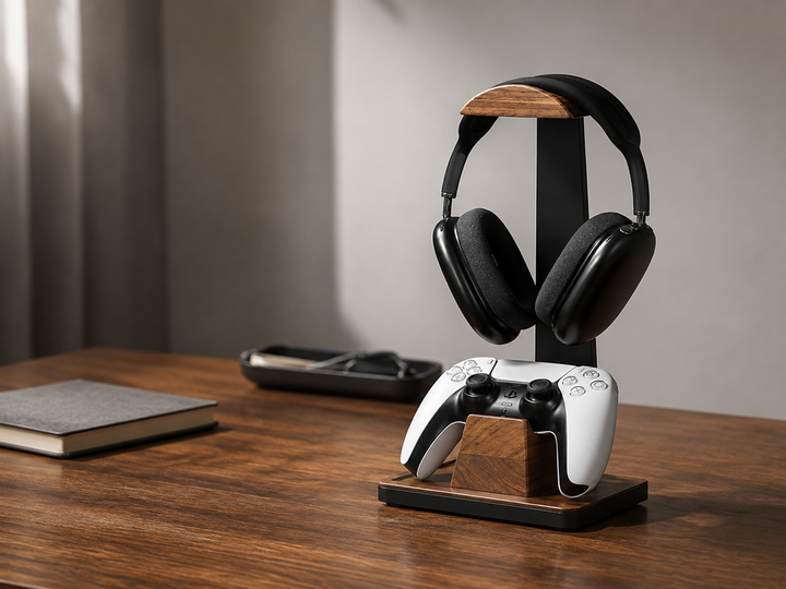 Wooden headphone stand holding a black headset and white game controller