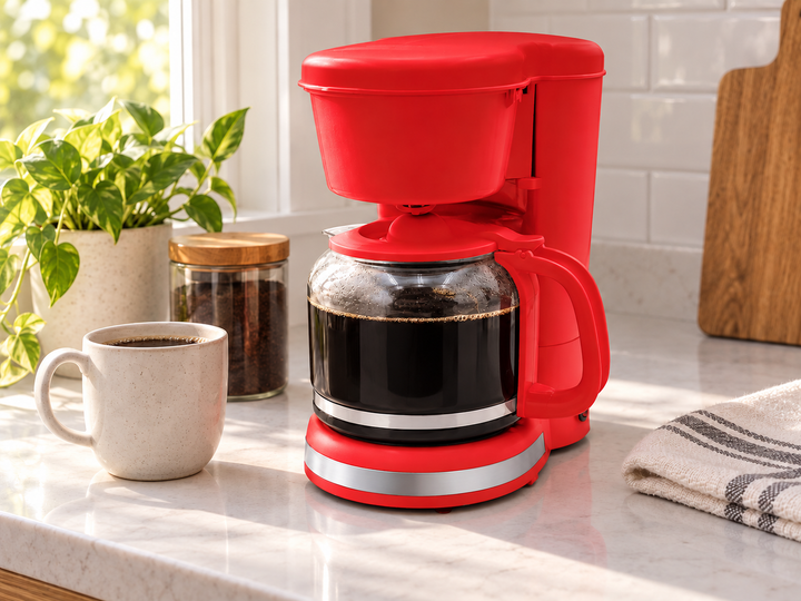 Red 12-cup drip coffee maker on a compact home coffee station counter