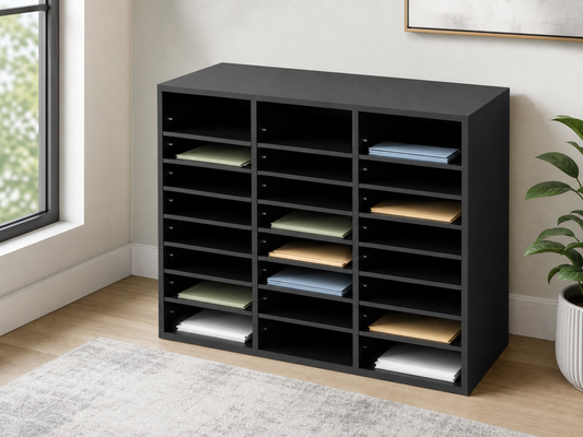 Black 24-compartment literature organizer sorting household paperwork in a bright home office