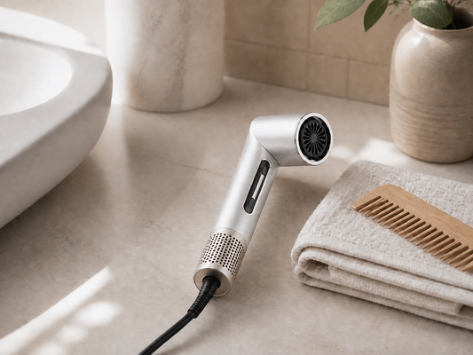 White hot air brush on a bathroom vanity beside a towel and comb