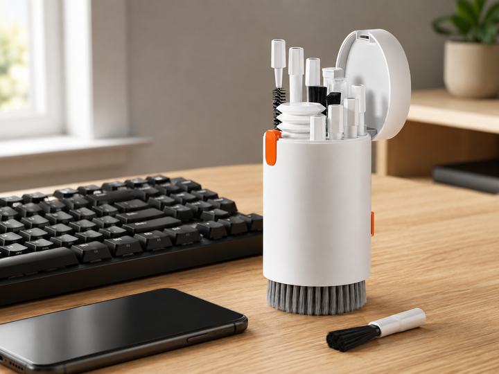 20-in-1 electronics cleaning kit beside a black keyboard and phone