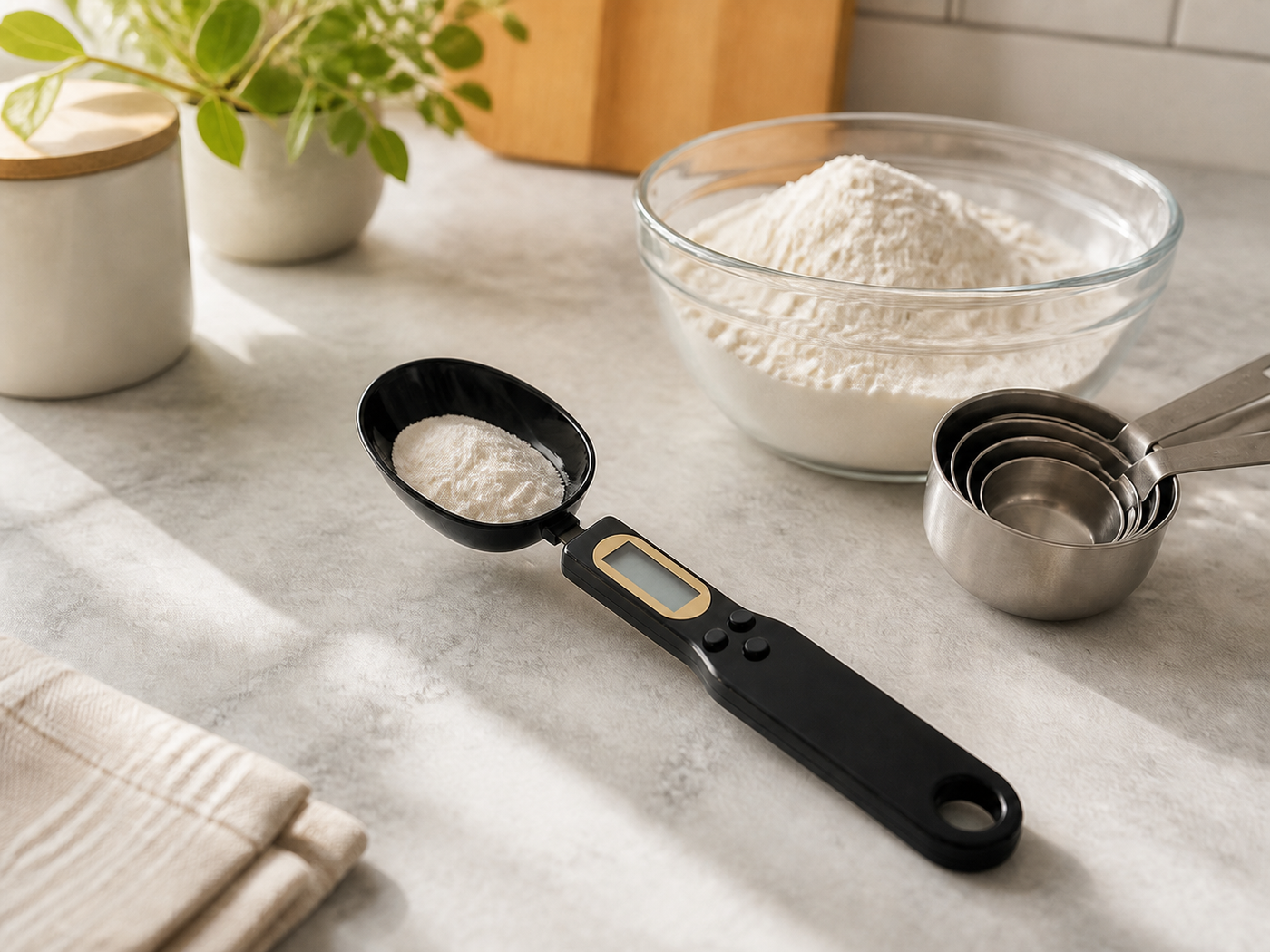 Black digital spoon kitchen scale with flour beside measuring cups in a bright kitchen