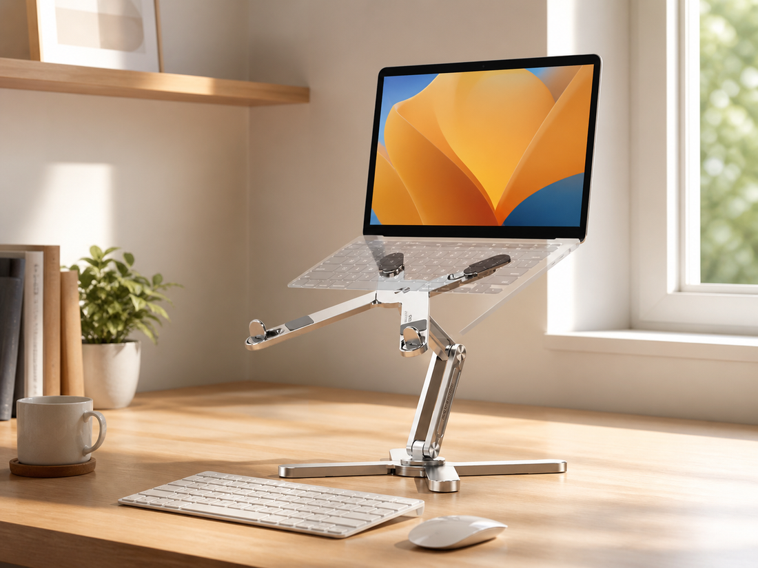 Silver adjustable laptop stand with an external keyboard and mouse on a home office desk
