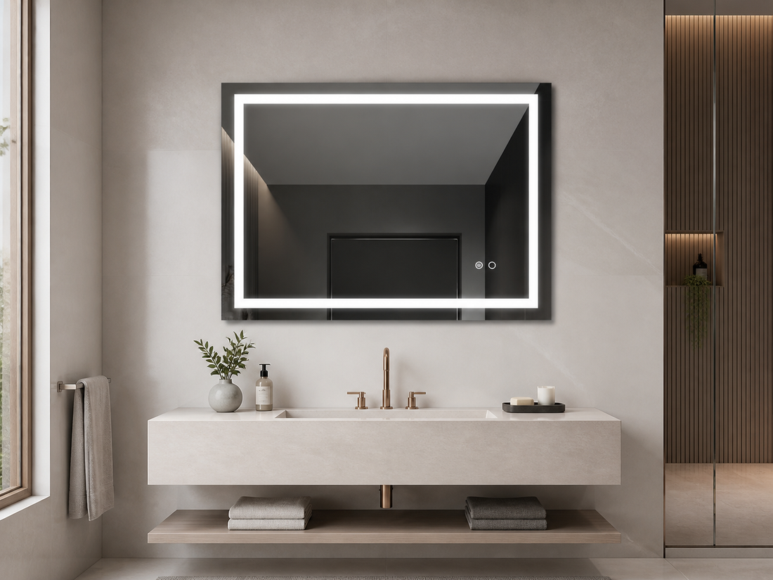 Black LED bathroom vanity mirror above a modern stone sink