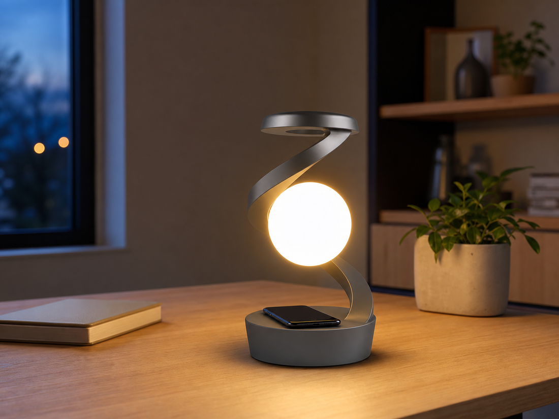 Modern home office with a sculptural Lunar Glow desk lamp and phone on the charging base