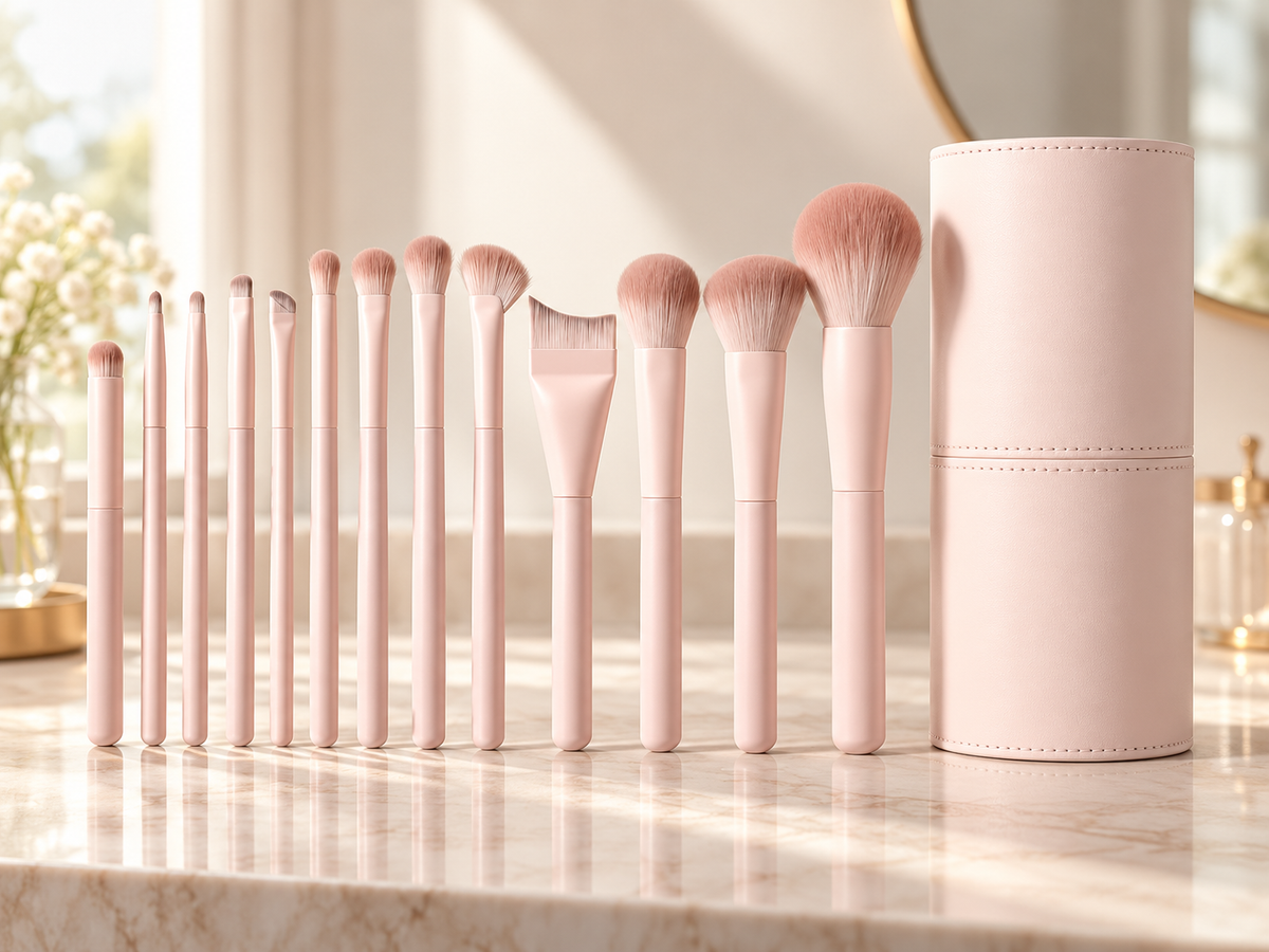 Thirteen-piece pink makeup brush set with cylindrical storage pouch