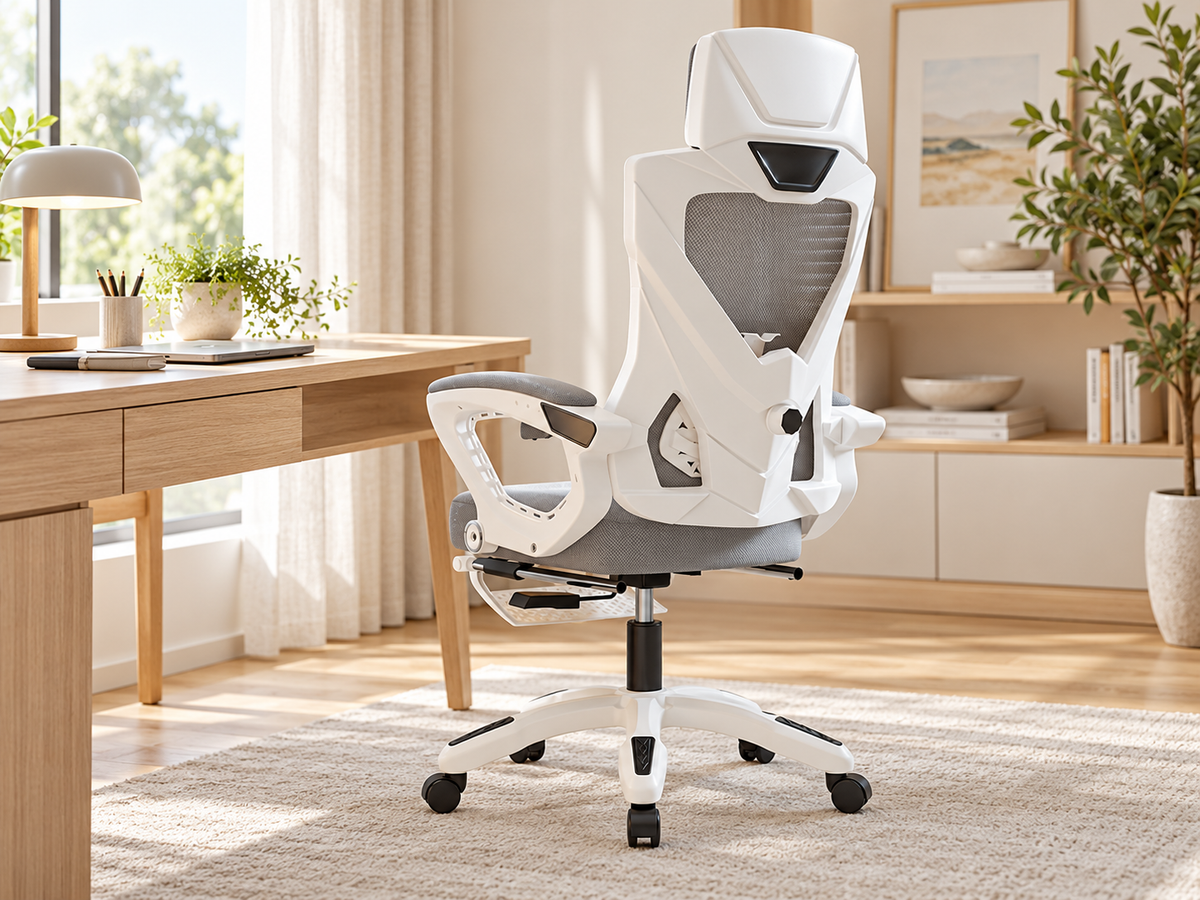 White mesh office chair in a bright home workspace