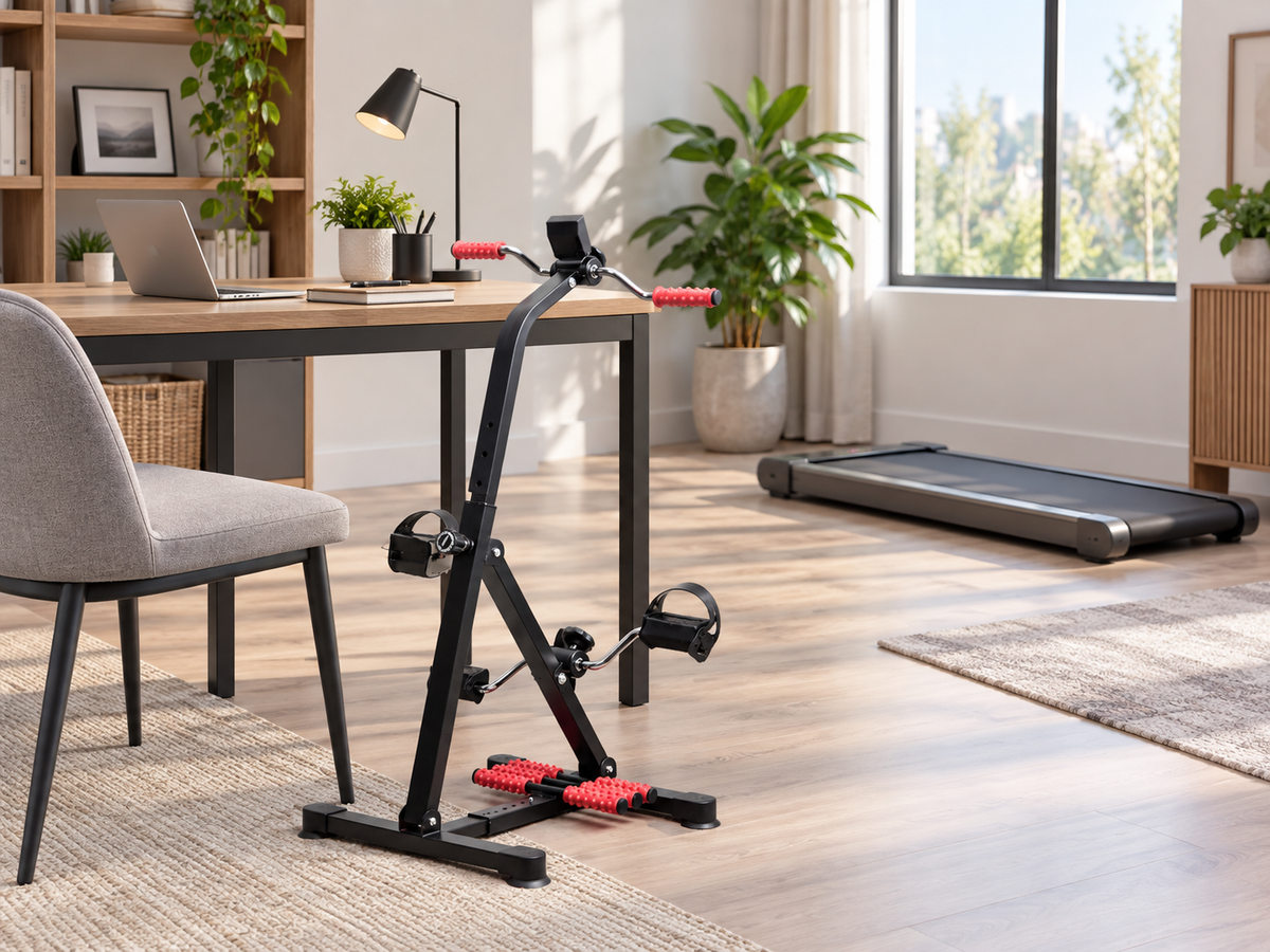 Adjustable pedal exerciser and walking pad arranged in a bright home office