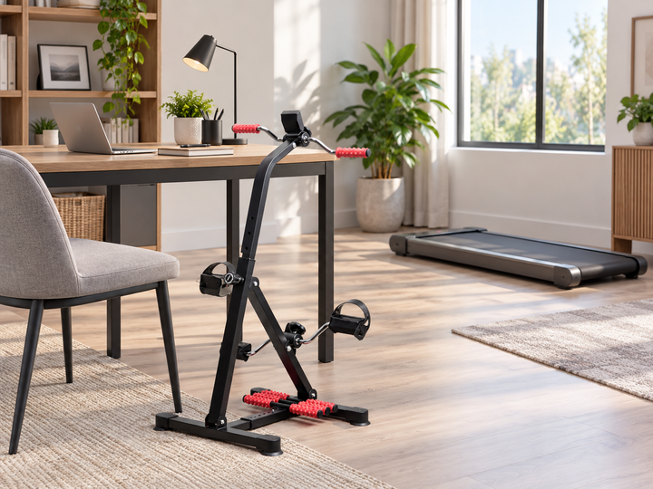 Adjustable pedal exerciser and walking pad arranged in a bright home office
