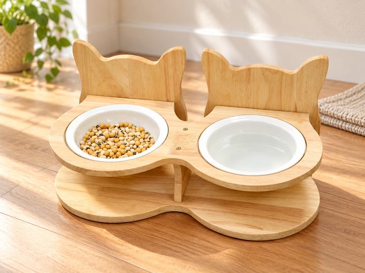 Bamboo double pet feeder stand with ceramic food and water bowls