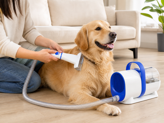 Woman calmly grooming a golden retriever with a pet grooming vacuum in a bright home