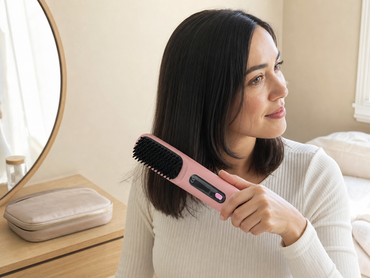 Woman using a pink portable straightener brush on dark hair in a bright bedroom