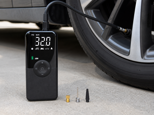 Black portable digital tire inflator connected to a car tire