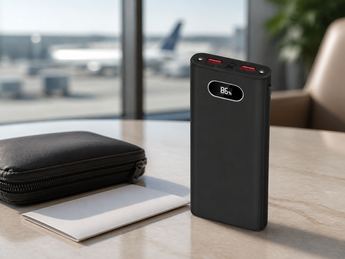 Black 20000mAh power bank on an airport lounge table beside a travel pouch