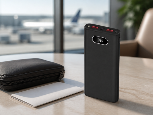 Black 20000mAh power bank on an airport lounge table beside a travel pouch